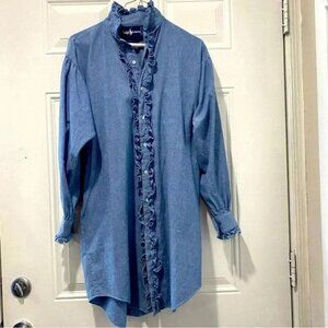 Vintage Ralph Lauren women's ruffled chambray dress mock neck long sleeves S‎